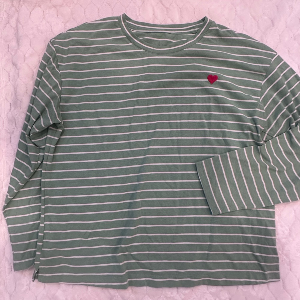 a new day Mint Green & White Striped Heart Pullover Tee